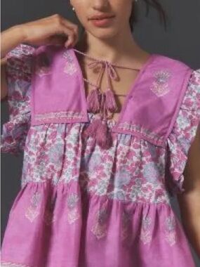 Mille Chelsea Top - Floral Embroidered Cotton Peasant Top in Lavender